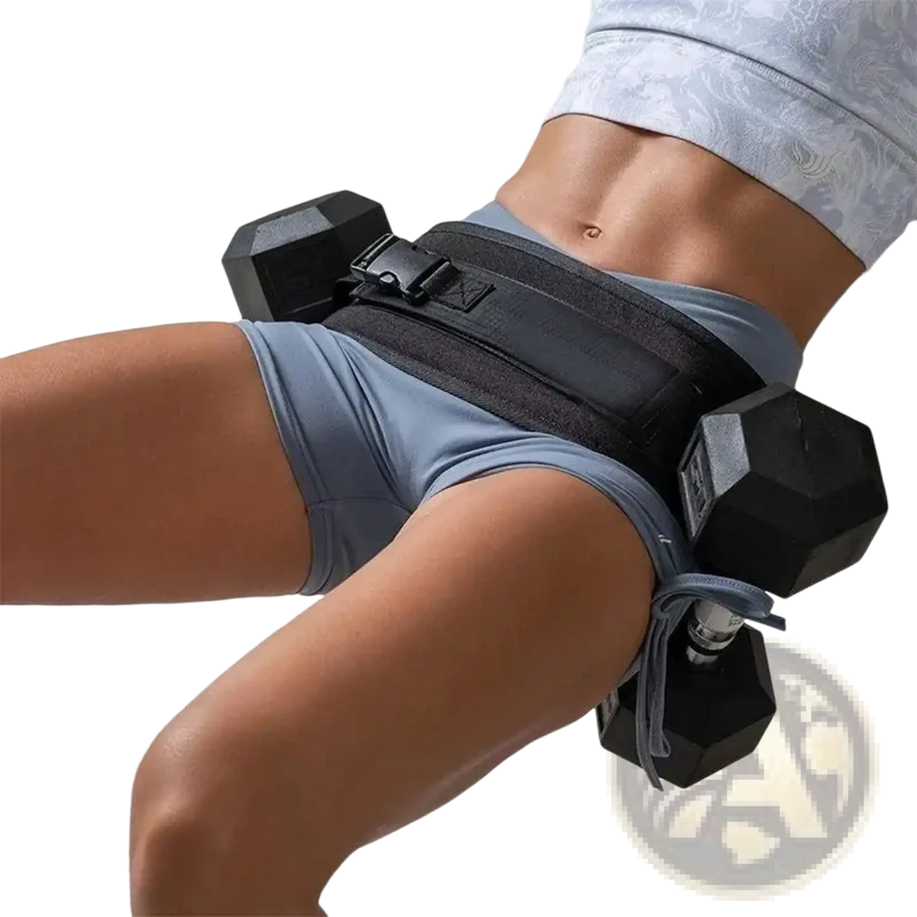 Black weighted hip thrust belt with adjustable straps and attached hexagonal dumbbells for dumbbell training