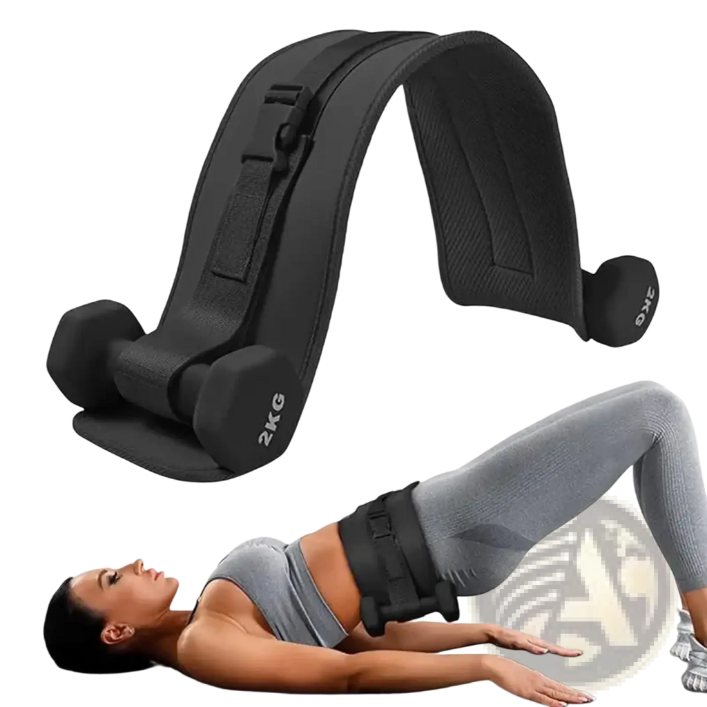 Black weighted hip thrust belt with adjustable straps and two 2kg dumbbell attachments for dumbbell training