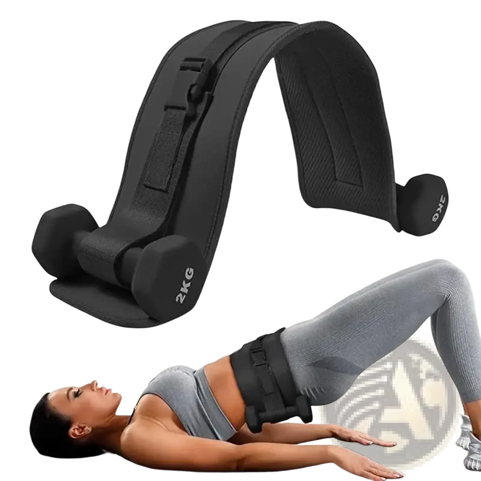 Black weighted hip thrust belt with adjustable straps and two 2kg dumbbell attachments for dumbbell training