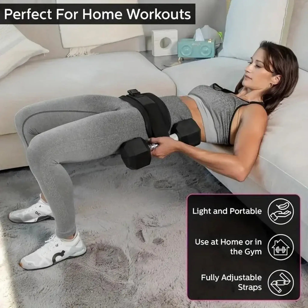 Black adjustable weighted hip thrust belt made of durable material for dumbbell training and home workouts shown from back side
