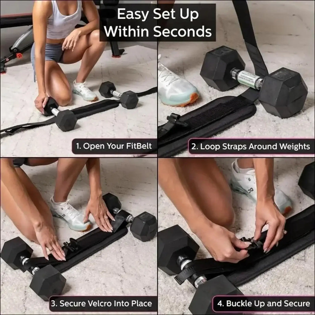Black fitbelt weighted hip thrust belt with adjustable straps and velcro closure for securing dumbbells