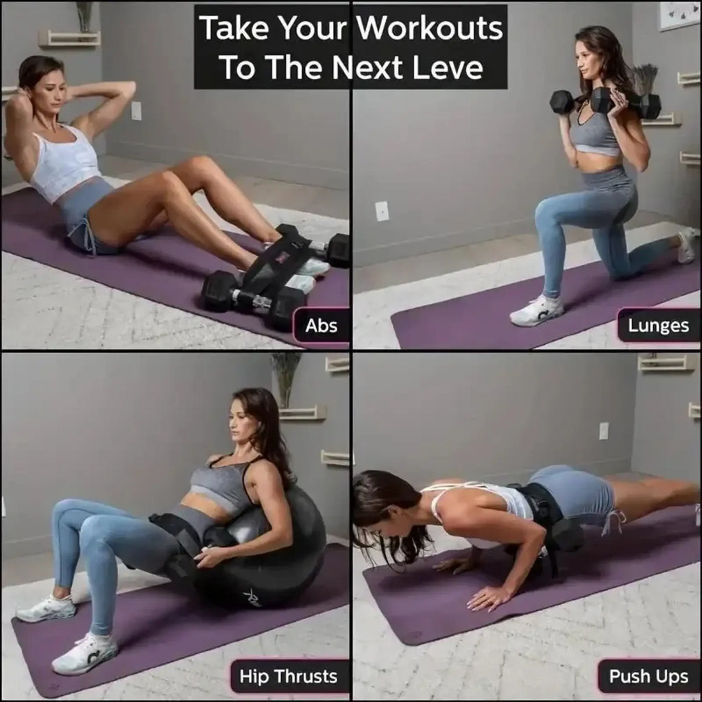 Black weighted hip thrust belt made of durable material for dumbbell training including push-ups and hip thrusts