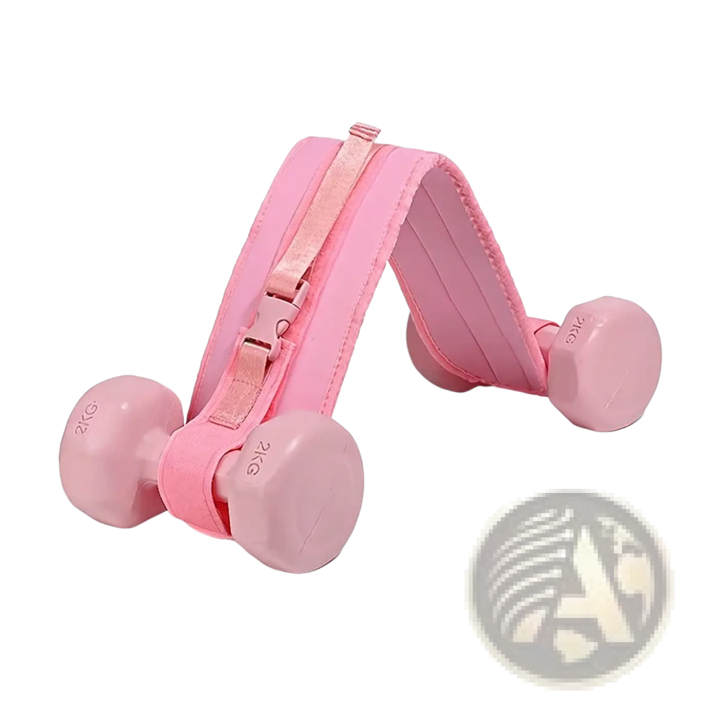 Pink padded weighted hip thrust belt with adjustable strap and buckle for securing dumbbells during exercise