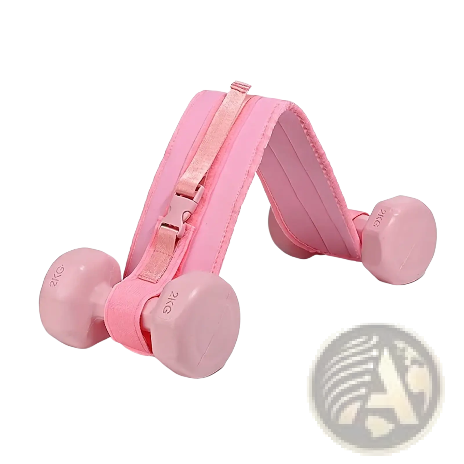 Pink padded weighted hip thrust belt with adjustable strap and buckle for securing dumbbells during exercise