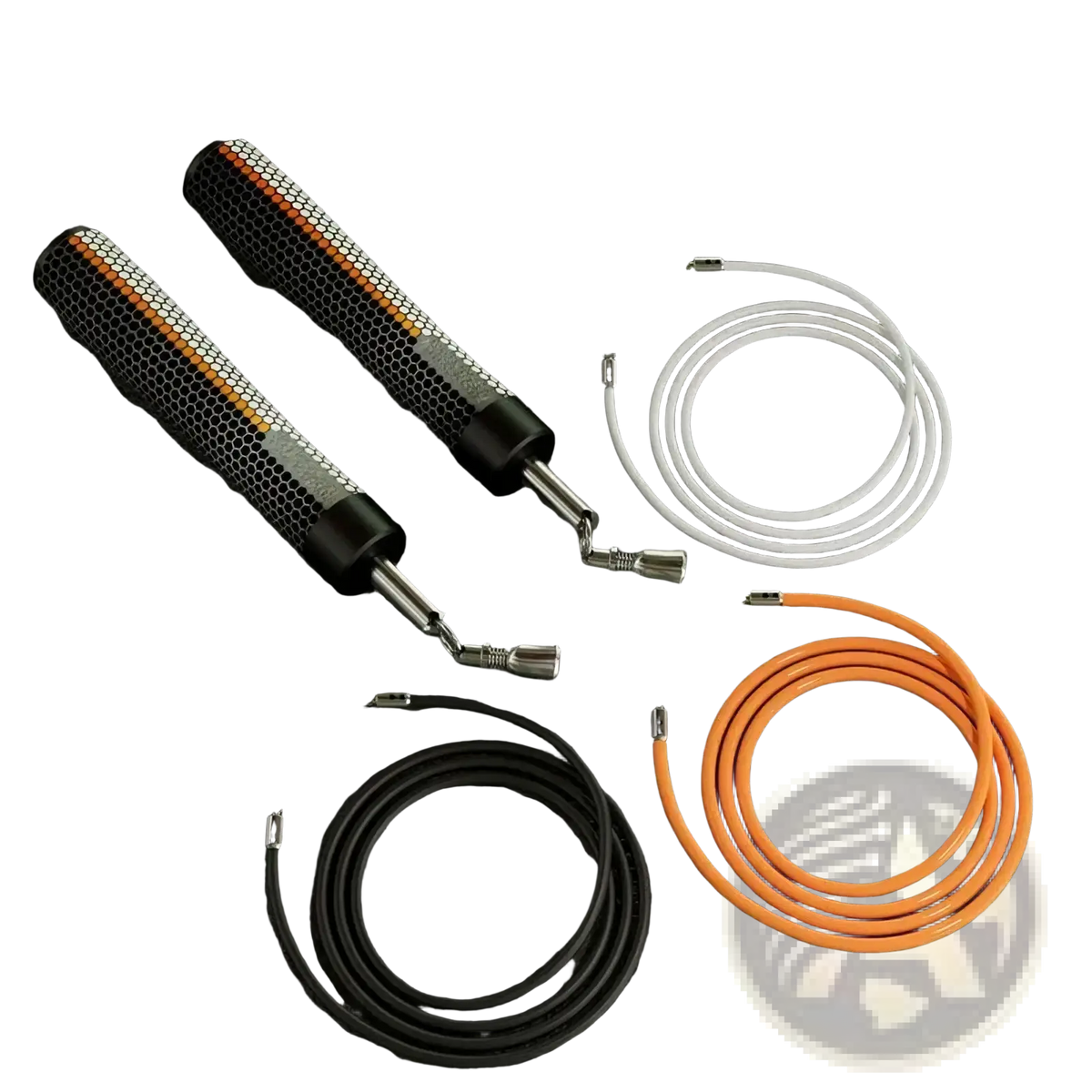 Weighted jump rope for fitness with black and orange perforated handles and interchangeable colored cords for training