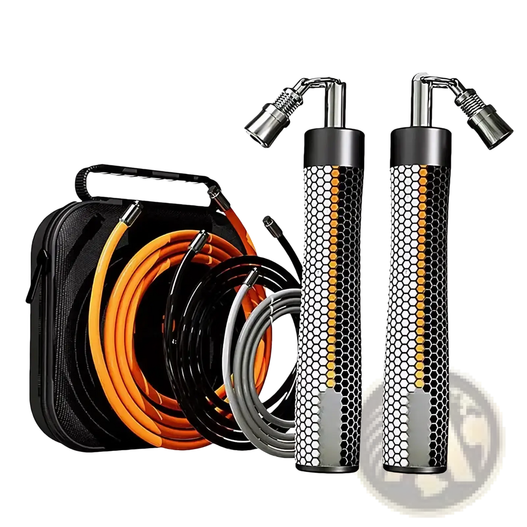 Weighted jump rope for fitness with black and orange honeycomb-patterned cords and metallic handles for exercise