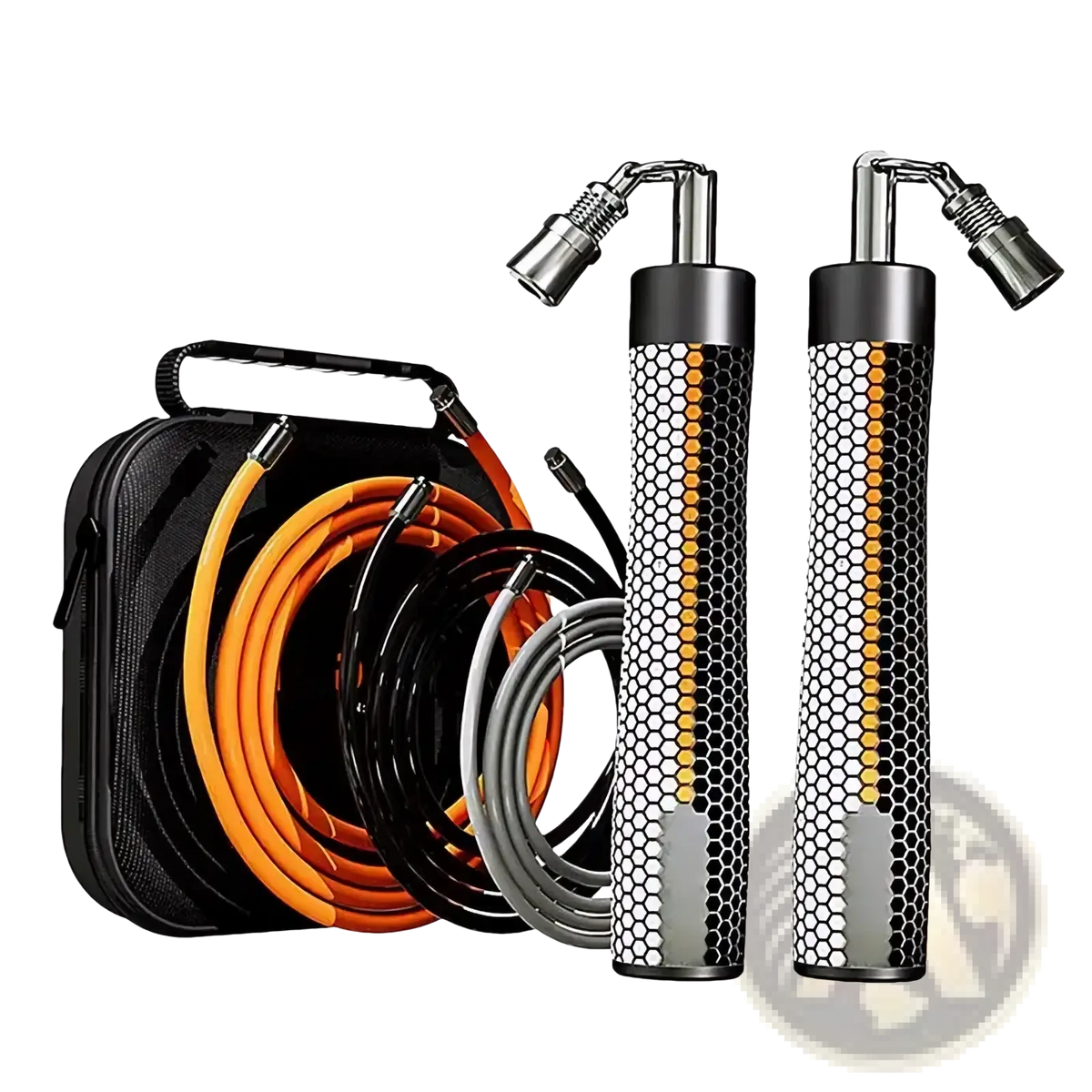 Weighted jump rope for fitness with black and orange honeycomb-patterned cords and metallic handles for exercise
