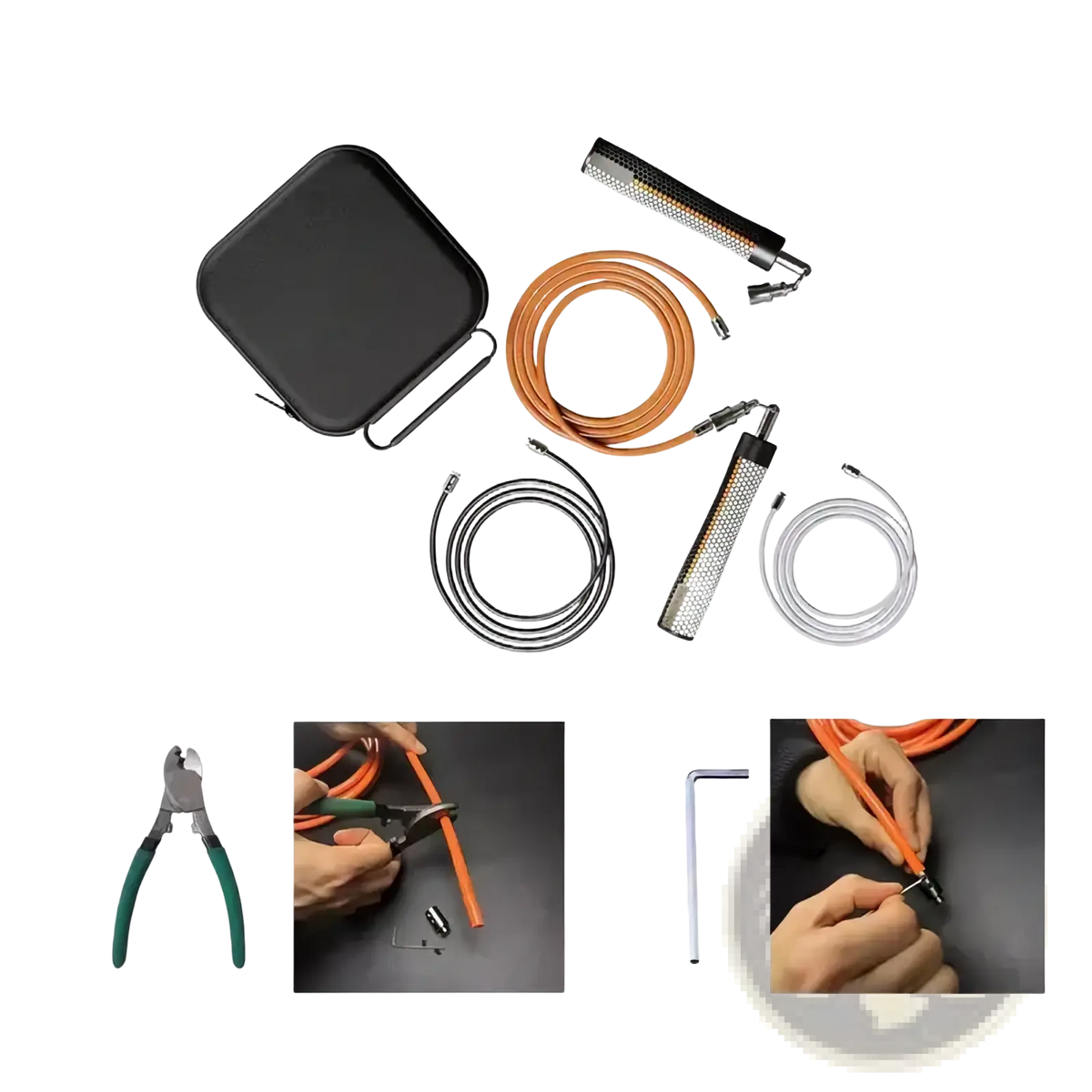 Black zippered carrying case made of durable material for portable air compressor kit in weighted jump rope fitness set