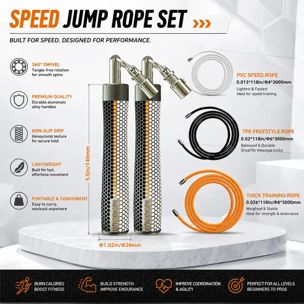 Weighted jump rope set by mocgold with black and orange hexagonal handles, silver metal ends, and white pvc and black tpe ropes for fitness and boxing