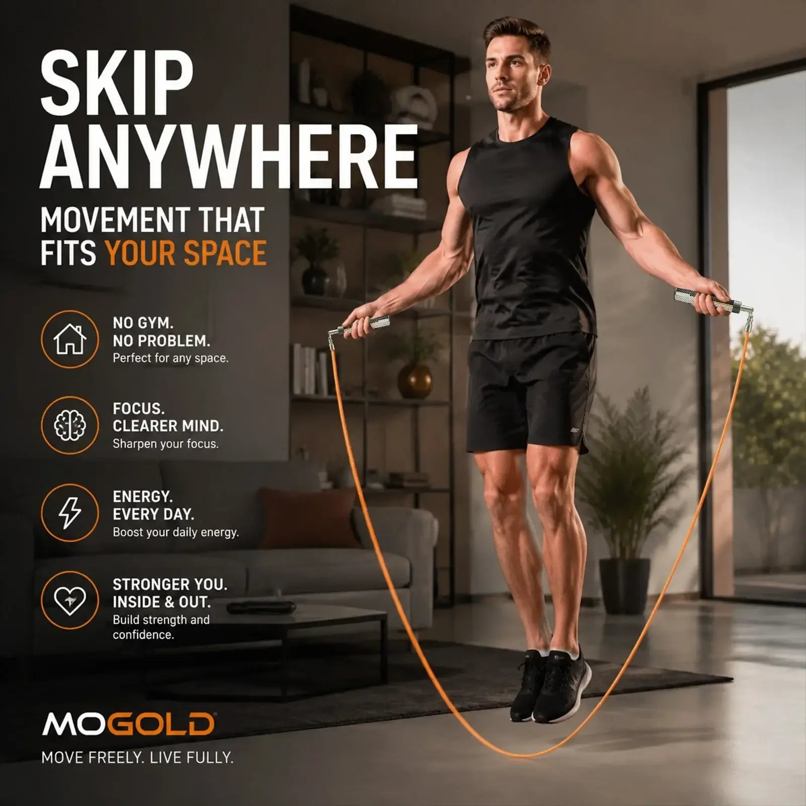 Orange weighted jump rope with black handles designed for fitness and boxing training use