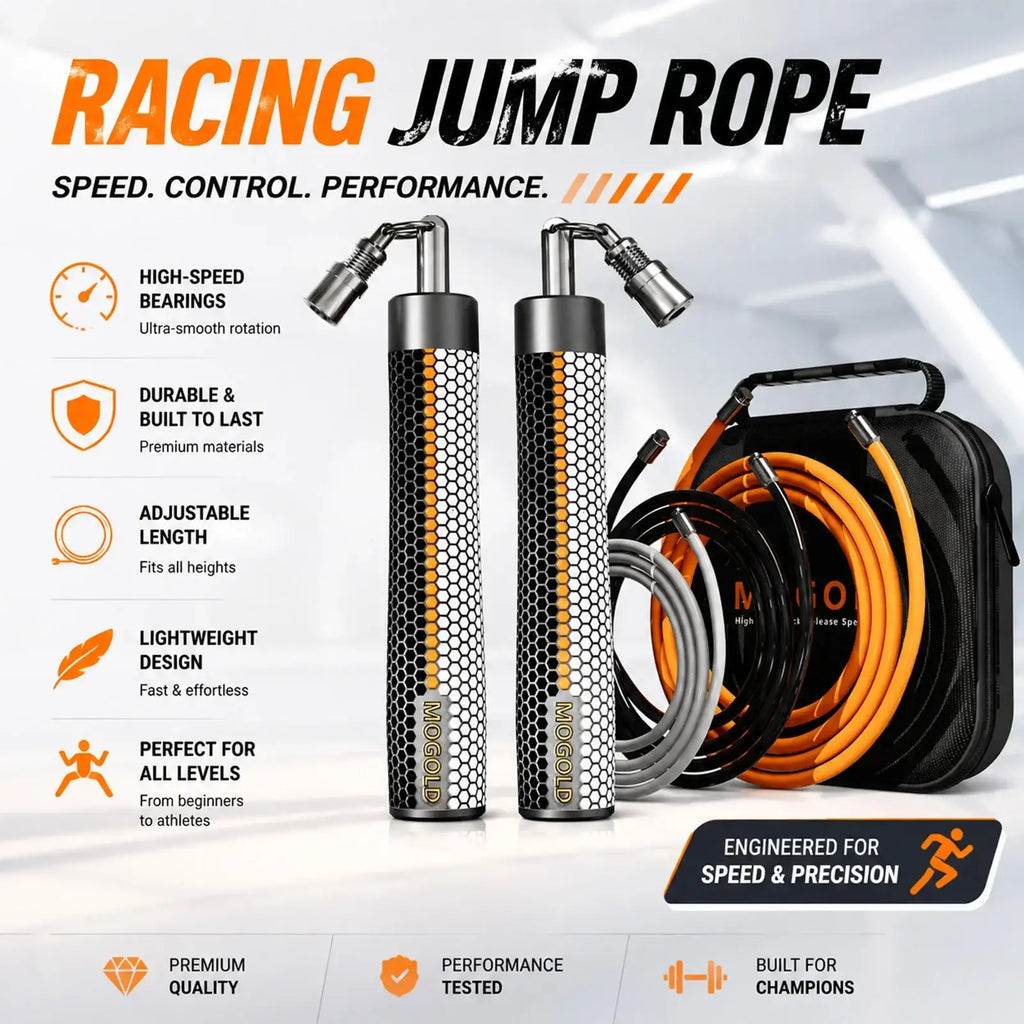 Weighted jump rope for fitness and boxing with black and orange hexagonal mogold handles and silver metallic ends