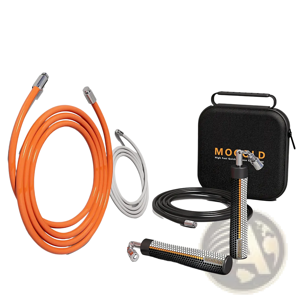 Orange weighted jump rope with black and silver moogold handles designed for fitness and boxing training