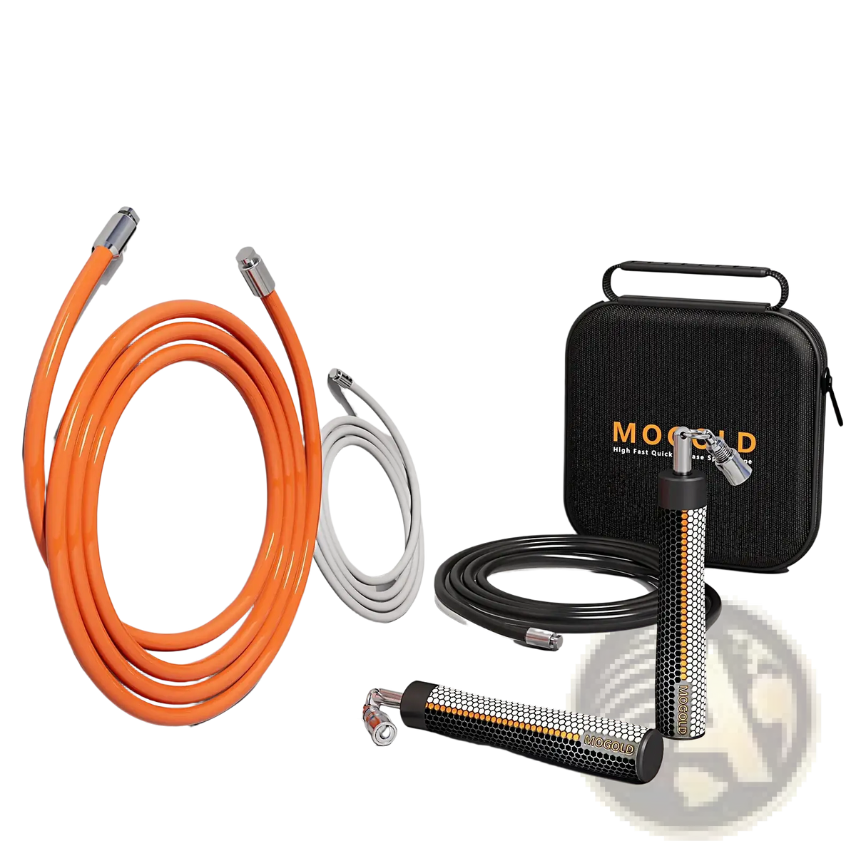 Orange weighted jump rope with black and silver moogold handles designed for fitness and boxing training