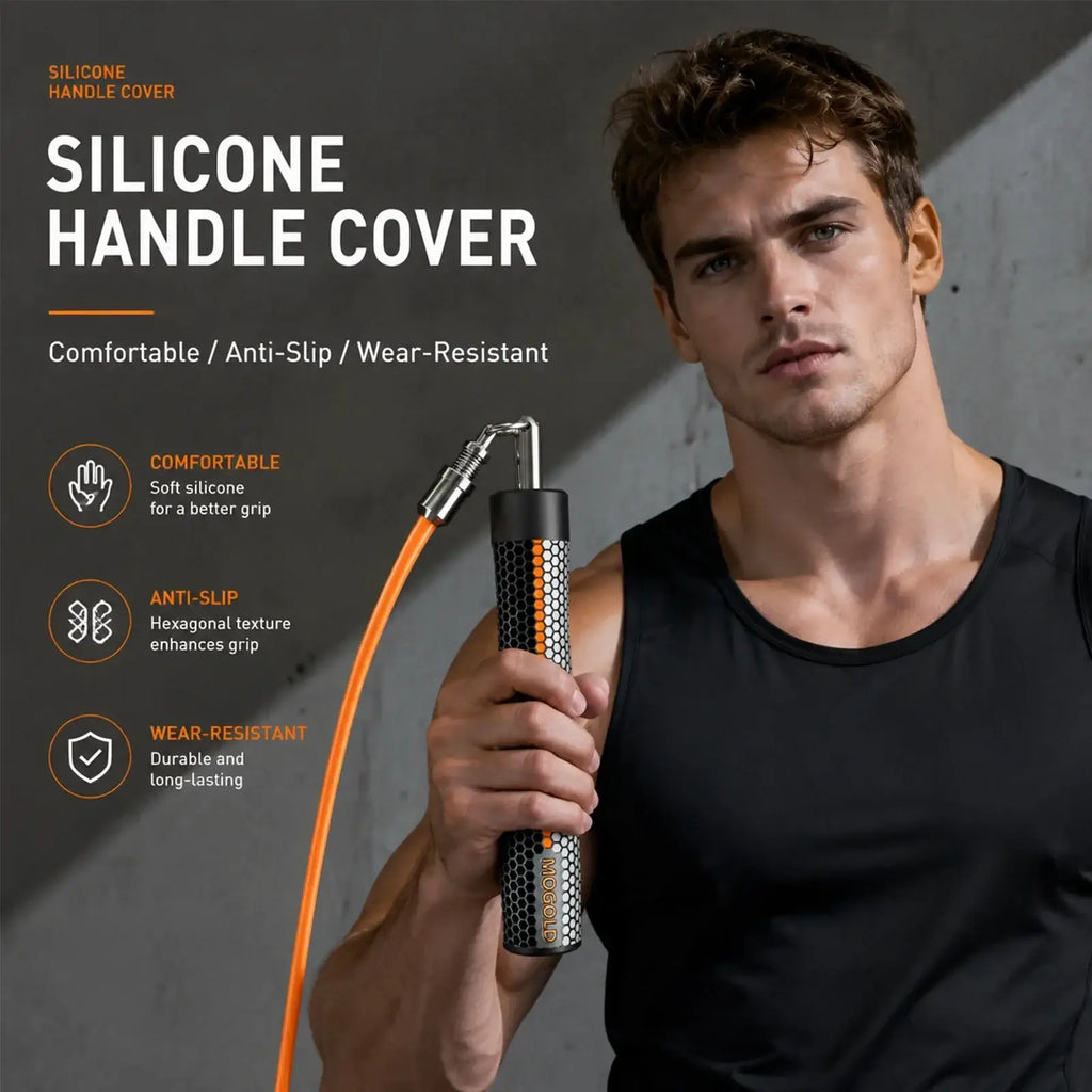 Black silicone handle cover with hexagonal texture and orange stripes for weighted jump rope fitness and boxing grip