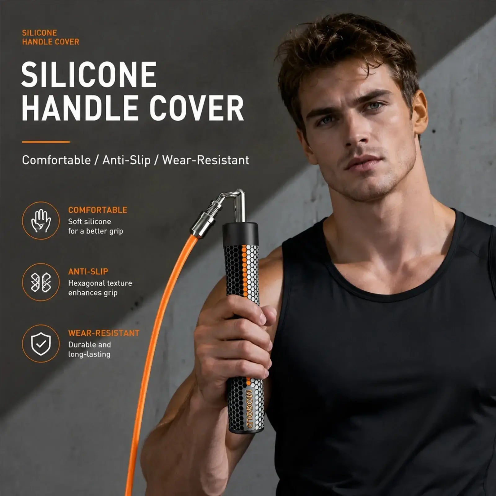 Black silicone handle cover with hexagonal texture and orange stripes for weighted jump rope fitness and boxing grip