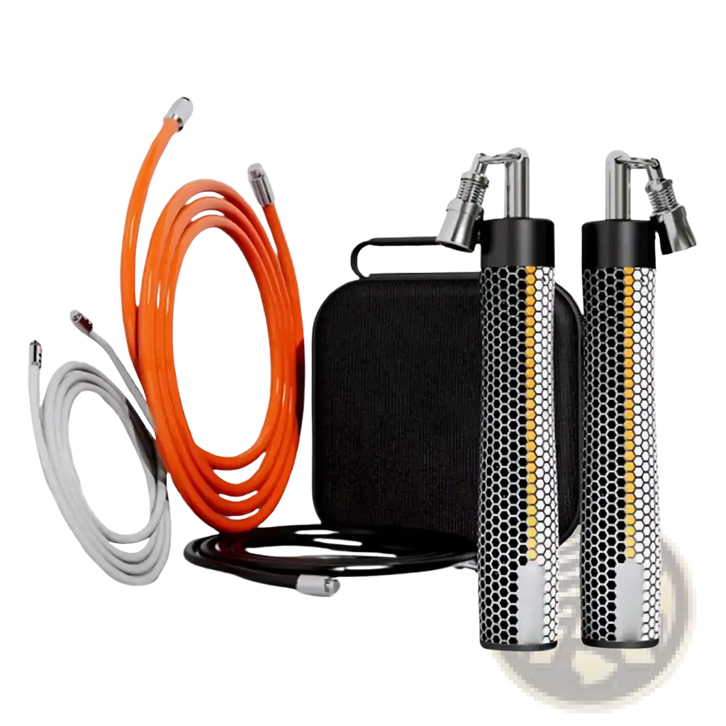 Weighted jump rope for fitness with silver and black honeycomb textured handles and orange white black cables