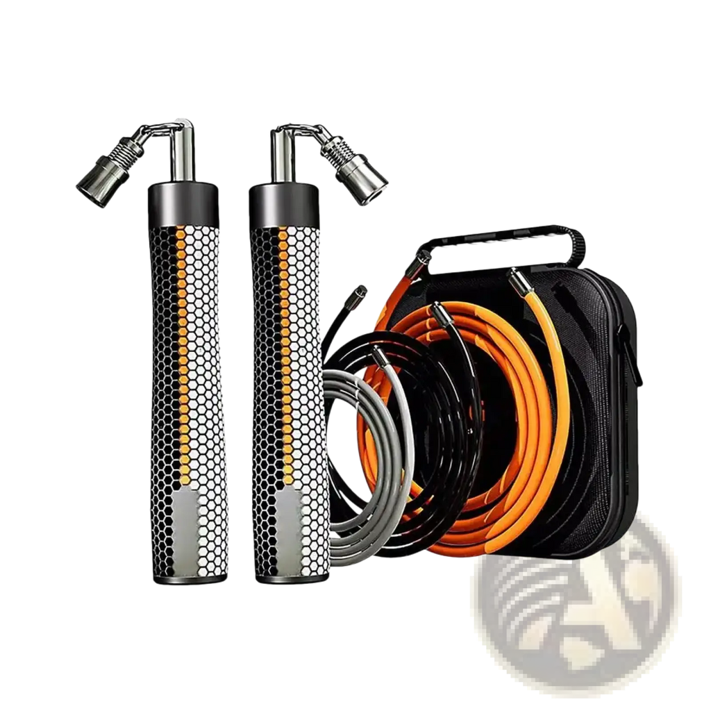 Set of three weighted jump ropes for fitness with black and silver hexagonal mesh handles and orange gray black cords in case