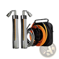 Set of three weighted jump ropes for fitness with black and silver hexagonal mesh handles and orange gray black cords in case