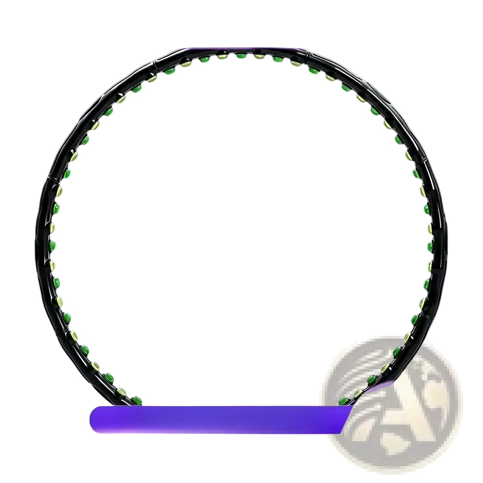 Black weighted magnetic fitness hoop adorned with evenly spaced green gemstones for waist shaping