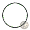 Weighted magnetic fitness hoop for waist shaping with black rim and green and yellow led lights embedded along the edge