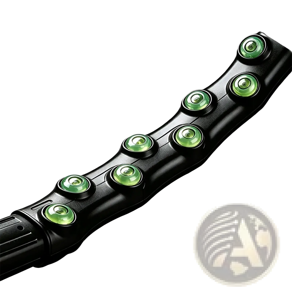 Black massage roller with seven green magnetic stones arranged in a curved row for waist shaping fitness hoop
