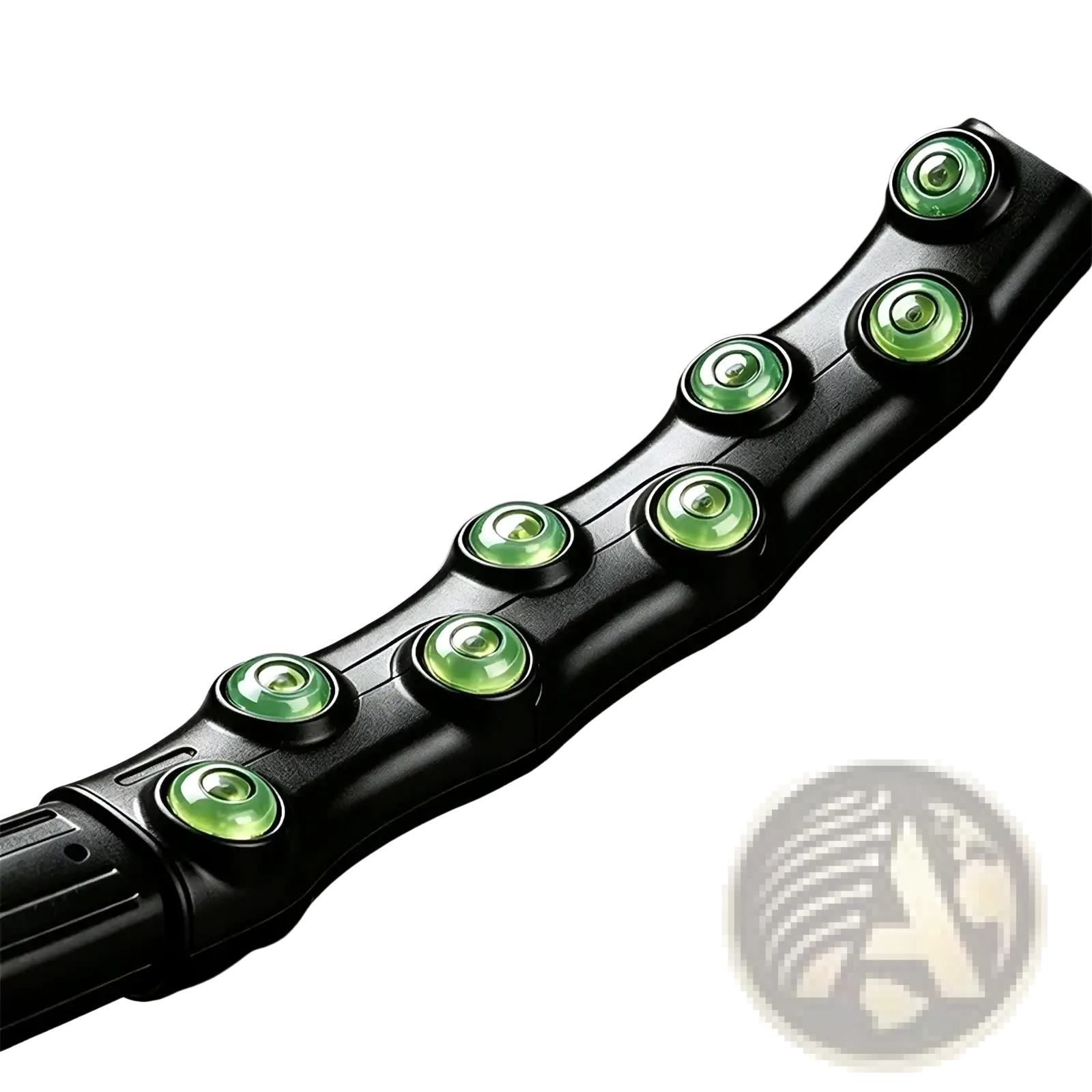 Black massage roller with seven green magnetic stones arranged in a curved row for waist shaping fitness hoop