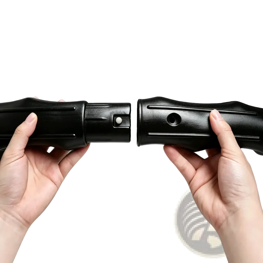 Black plastic handlebar grip with textured surface and interlocking mechanism for weighted magnetic fitness hoop waist shaping