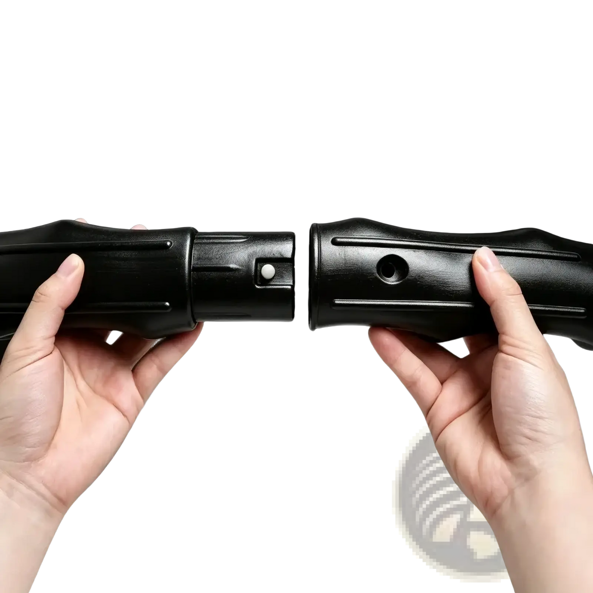 Black plastic handlebar grip with textured surface and interlocking mechanism for weighted magnetic fitness hoop waist shaping