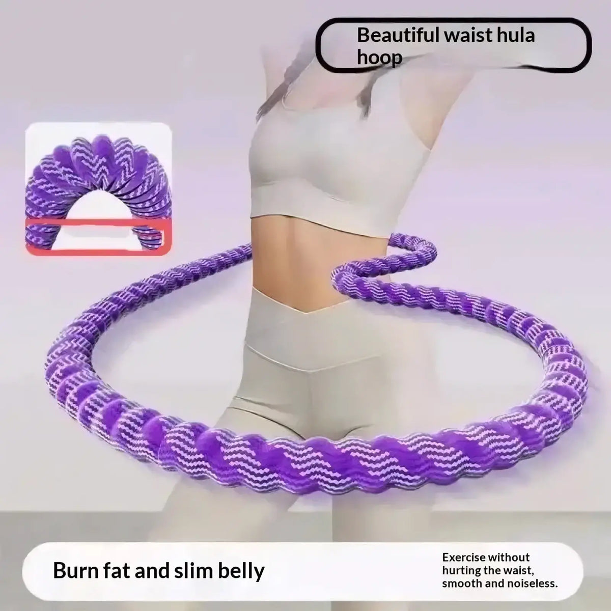 Weighted spring hula hoop with purple and white zigzag pattern and flexible braided design for core fitness