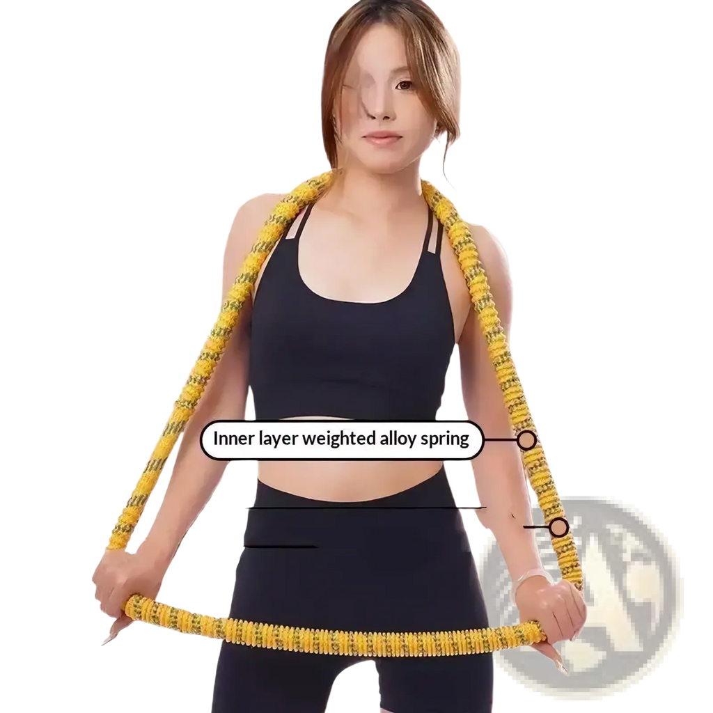 Yellow weighted spring hula hoop with inner alloy spring layer for core fitness and exercise use