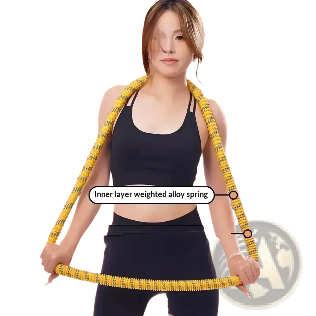 Yellow beaded weighted spring hula hoop with alloy spring interior for core fitness and exercise use