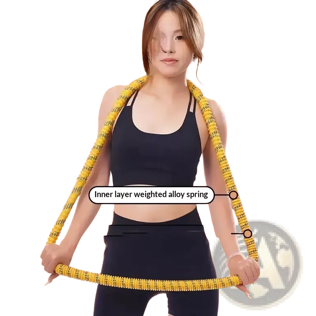 Yellow beaded weighted spring hula hoop with alloy spring interior for core fitness and exercise use
