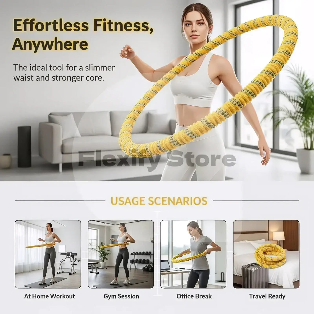 Yellow textured weighted spring hula hoop designed for core fitness exercises and durability