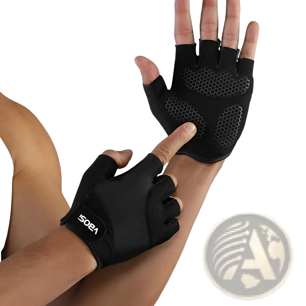 Black fingerless weightlifting fitness gloves with anti-skid textured grip panels and branded wrist strap shown from back side