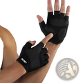 Black fingerless weightlifting fitness gloves with anti-skid textured grip panels and branded wrist strap shown from back side