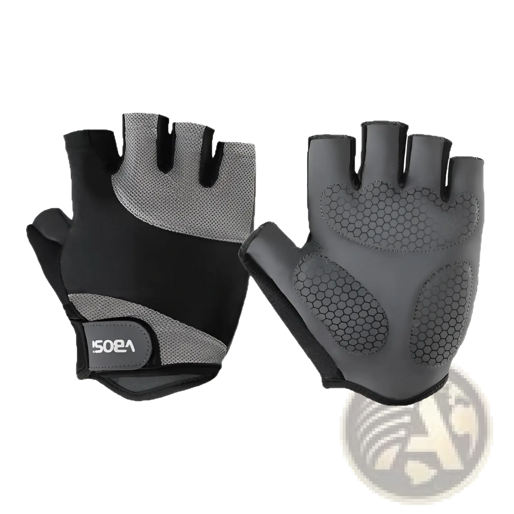 Black and gray fingerless weightlifting fitness gloves with anti-skid textured grip panels on the palm