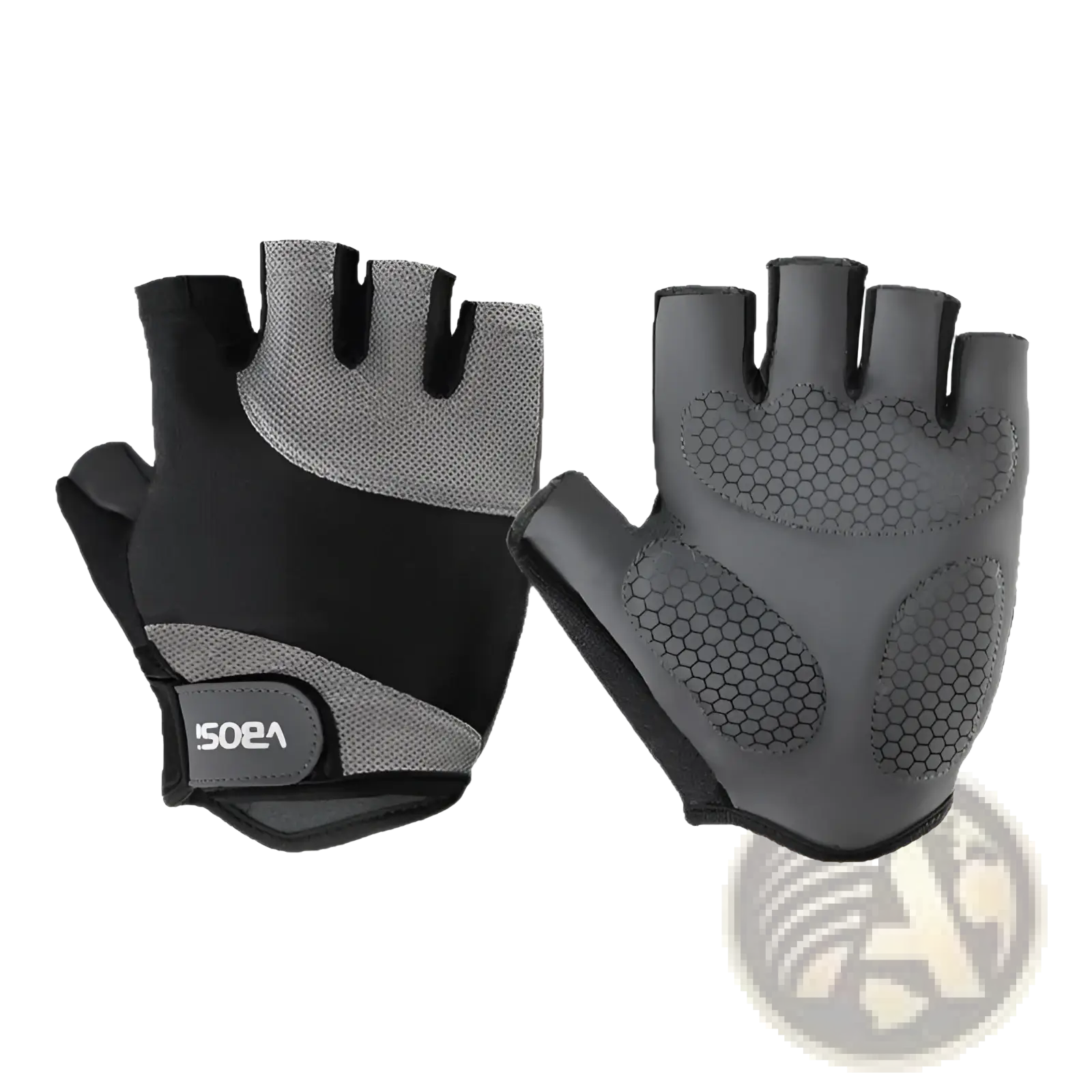 Black and gray fingerless weightlifting fitness gloves with anti-skid textured grip panels on the palm