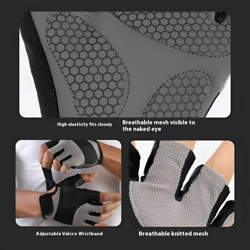 Black and gray half-finger weightlifting fitness gloves with breathable mesh panels and adjustable velcro wristband back side
