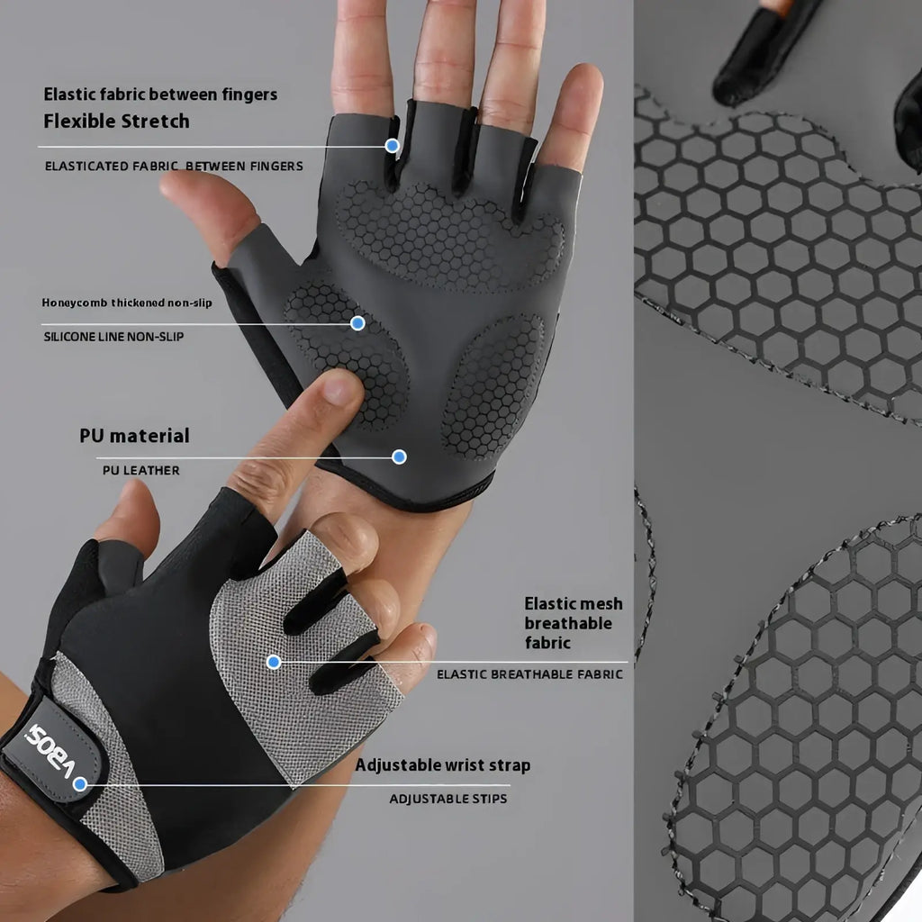 Black and gray pu leather weightlifting fitness gloves with honeycomb anti-skid grip panels back side view