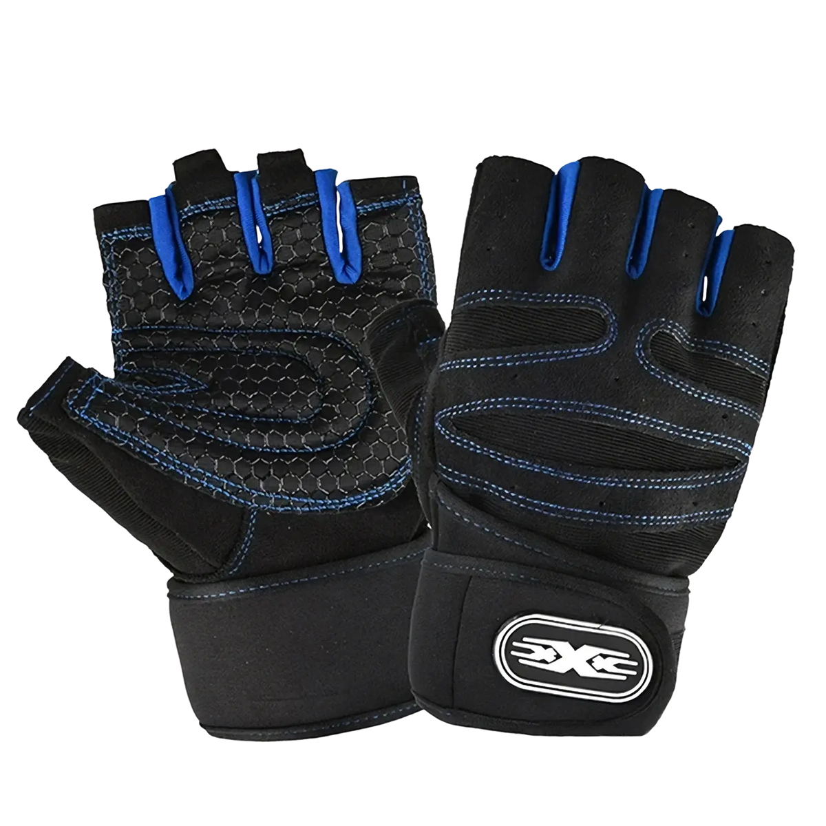 Weightlifting gloves with wrist wrap in black and blue featuring fingerless design mesh palm reinforced stitching and adjustable strap