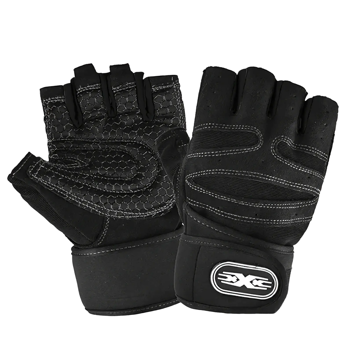 Black fingerless weightlifting gloves with textured palm and reinforced stitching featuring xxc logo on wrist wrap