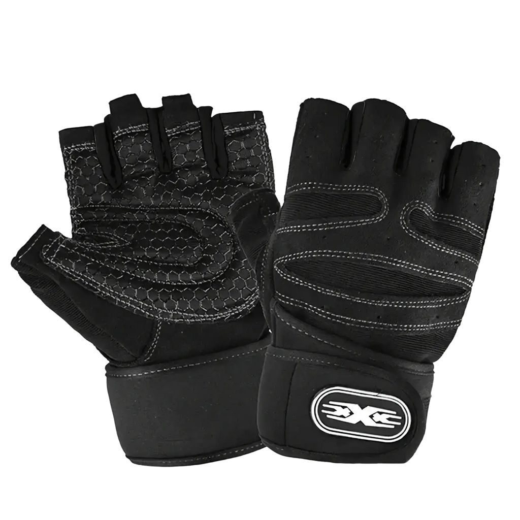 Black weightlifting gloves with wrist wrap featuring reinforced stitching and textured mesh palm by x-gear