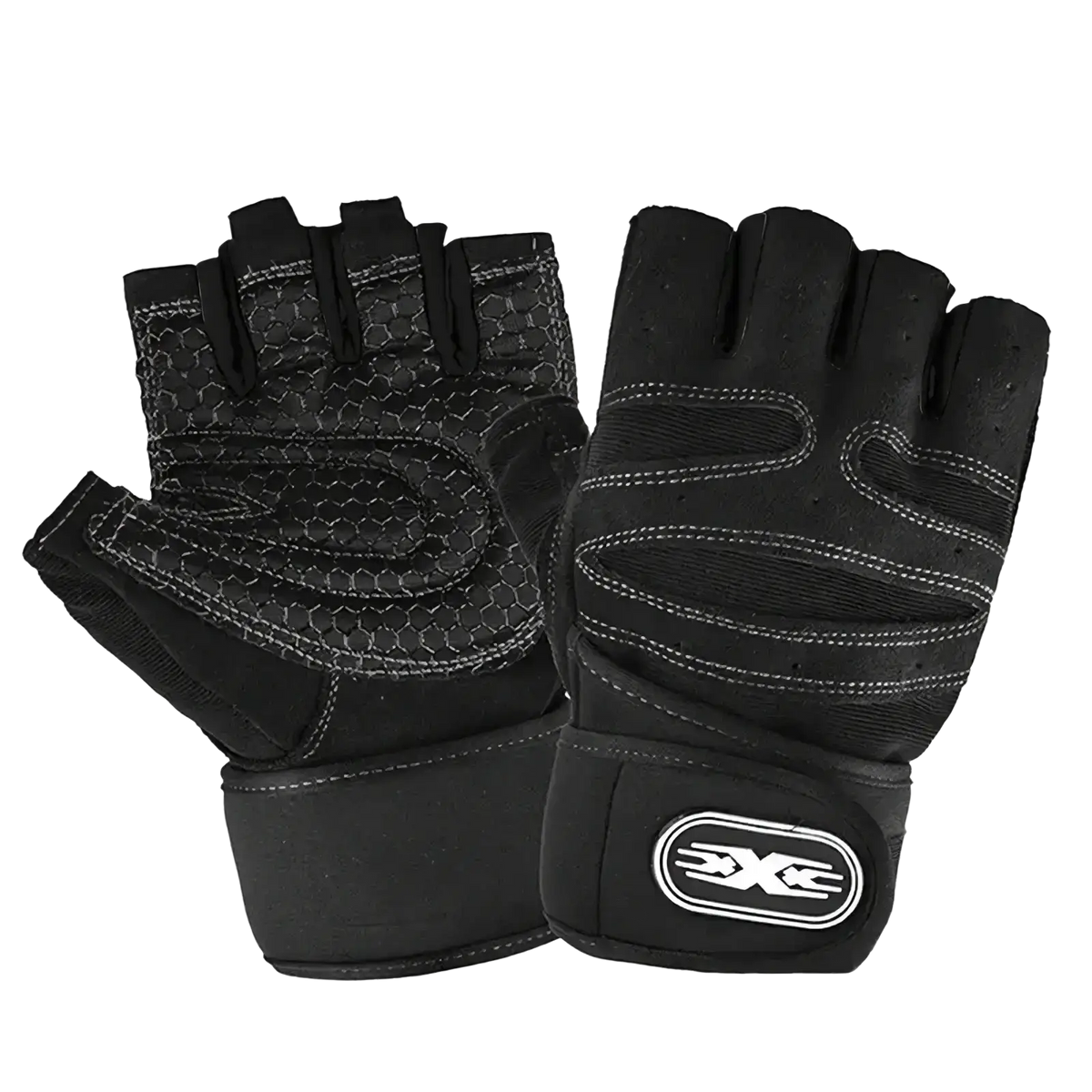 Black weightlifting gloves with wrist wrap featuring reinforced stitching and textured mesh palm by x-gear
