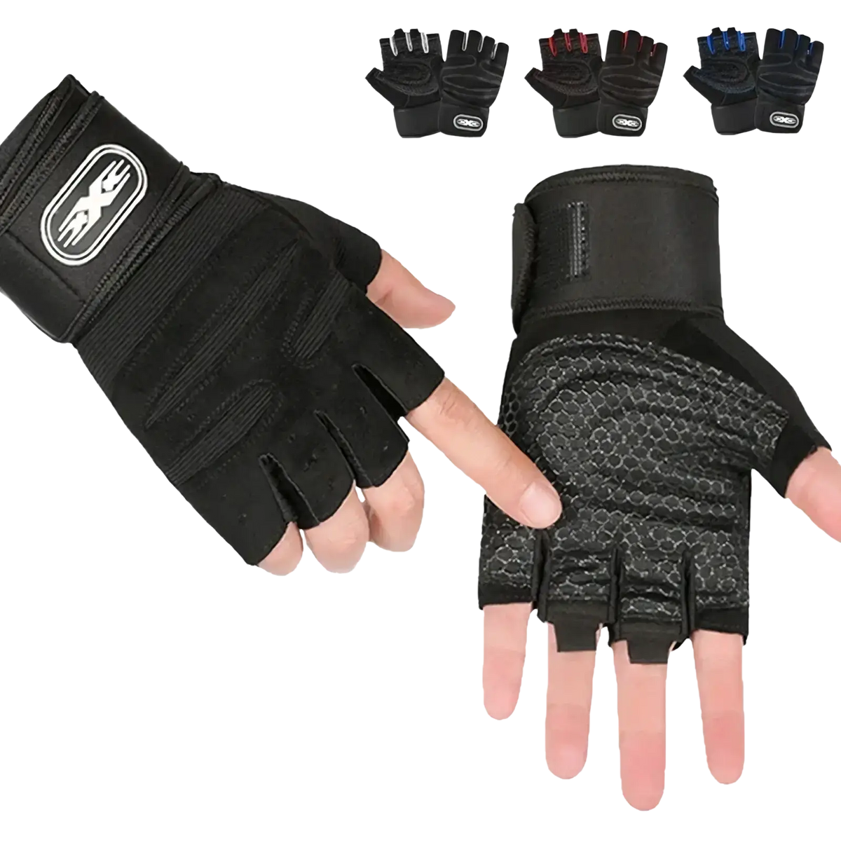 Black weightlifting gloves with wrist wrap and reinforced stitching showing back side with textured palm and x logo
