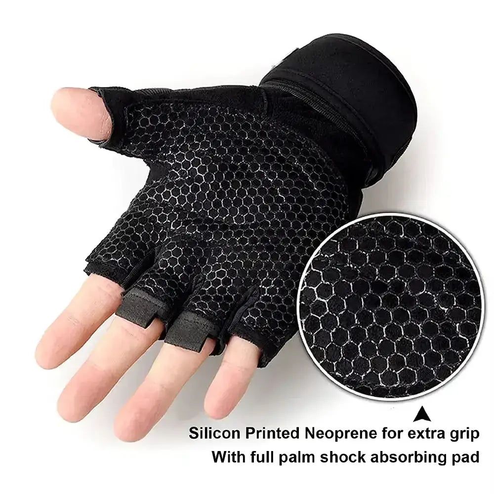 Black weightlifting gloves with wrist wrap featuring honeycomb neoprene palm and reinforced stitching for durability