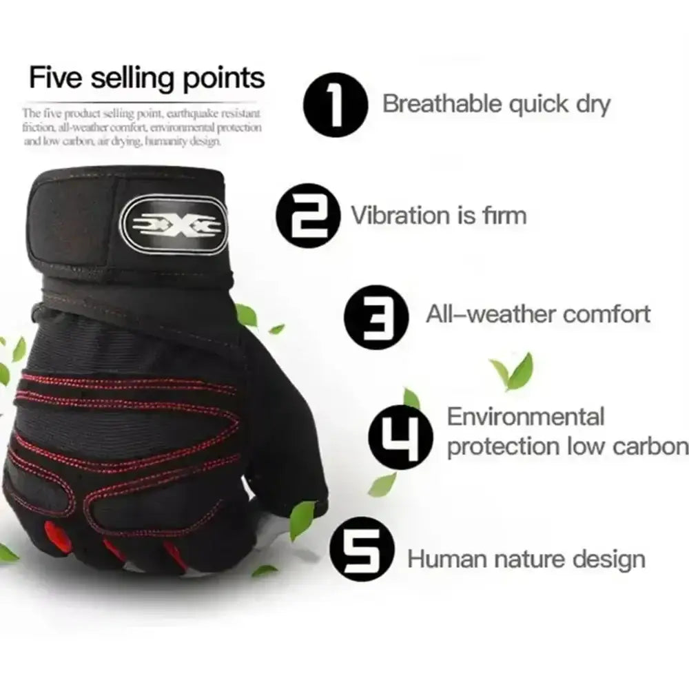 Black and red weightlifting gloves with wrist wrap and reinforced stitching designed for grip and durability