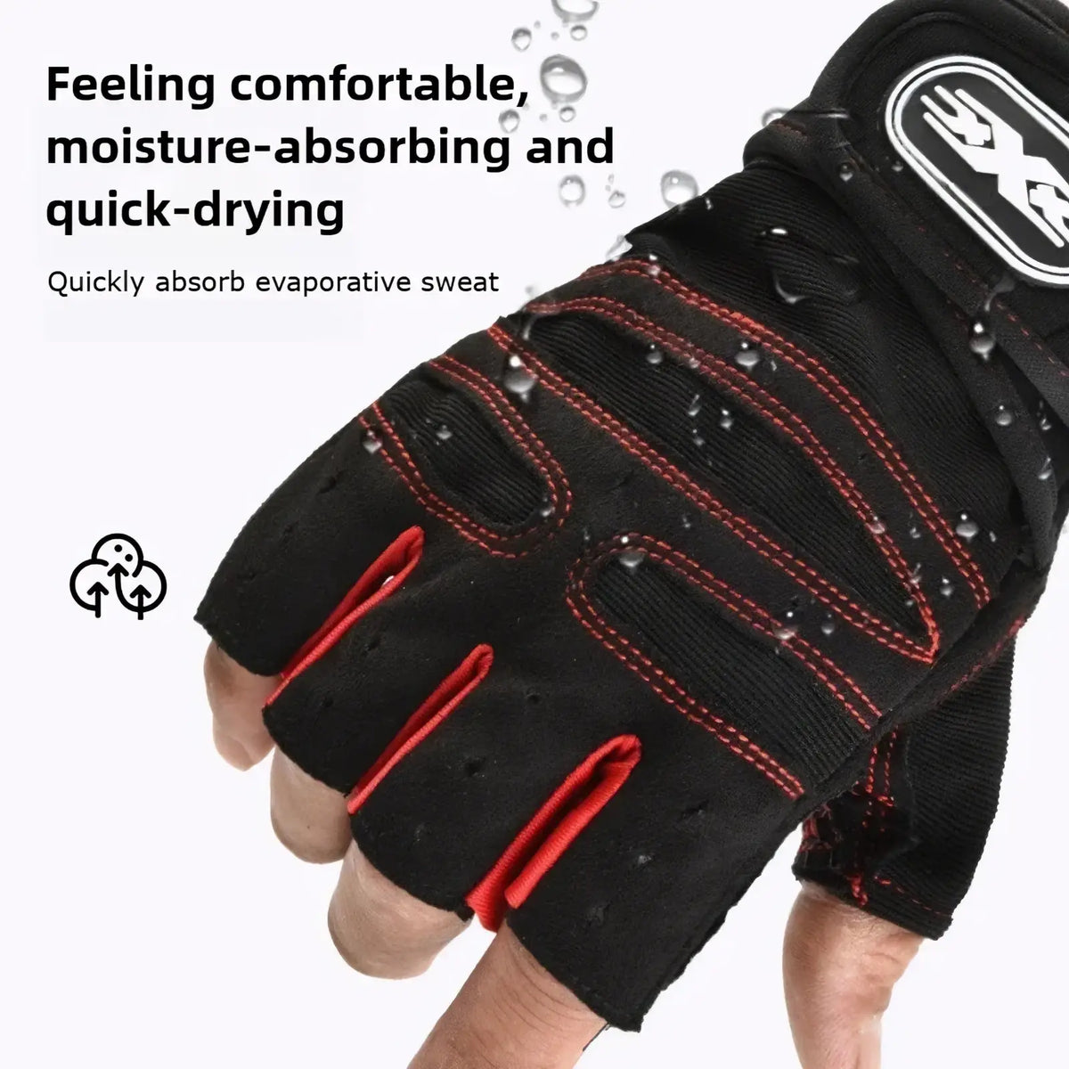 Weightlifting gloves with wrist wrap showing black and red fingerless design with breathable mesh and moisture fabric on back side