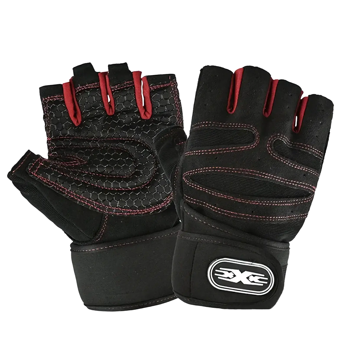 Black and red fingerless weightlifting gloves with wrist wrap, textured palm, and reinforced stitching for durability