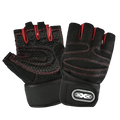 Black and red fingerless weightlifting gloves with textured palm, reinforced stitching, and adjustable wrist wrap