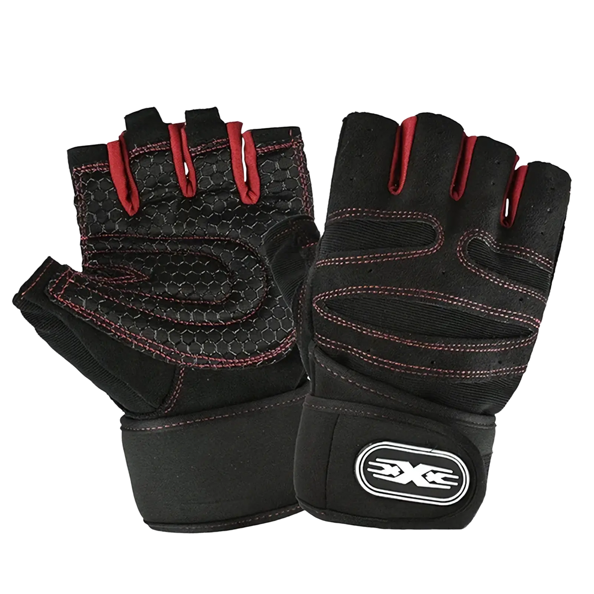 Black and red fingerless weightlifting gloves with textured palm, reinforced stitching, and adjustable wrist wrap